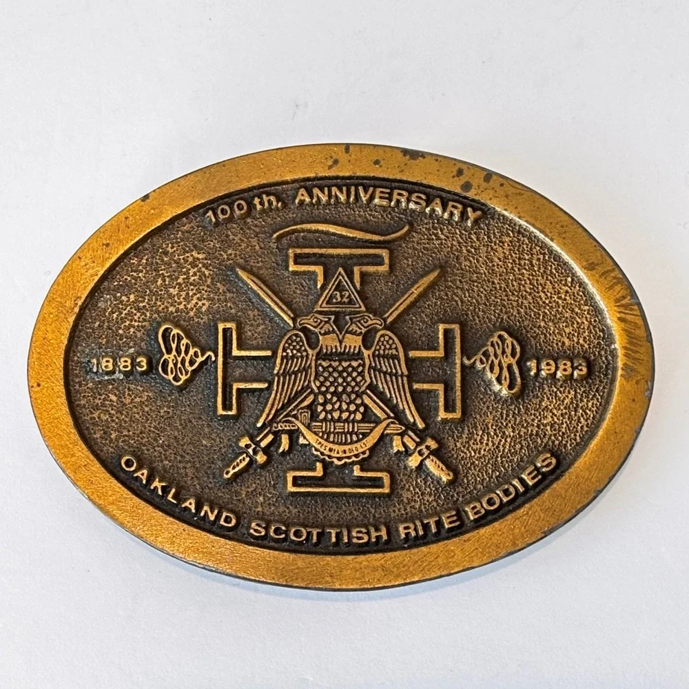 Vintage Brass Belt Buckle Scottish Rite Oakland California 100th Anniversary 80s